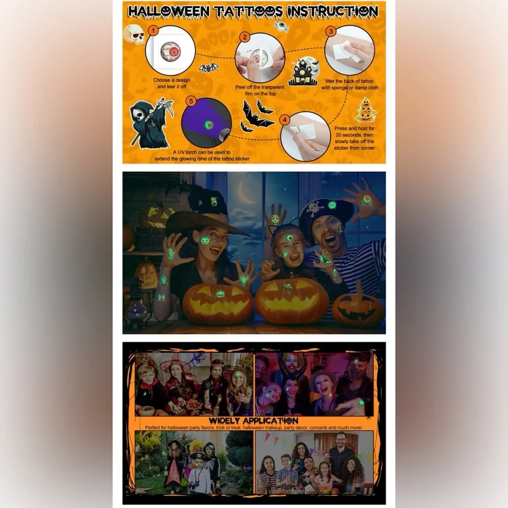 Halloween Tattoos for Kids, Individually Wrapped Glow In the Dark Kids Tattoos